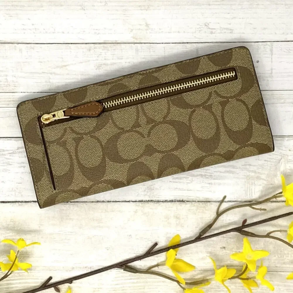 Coach Slim Wallet In Signature Canvas Coach Radial Rainbow Khaki Multi C7305